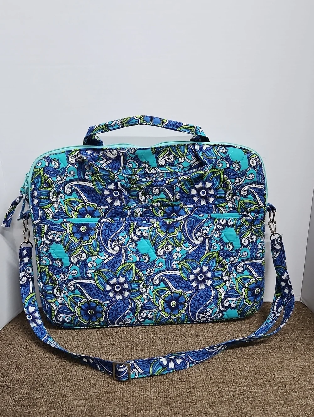 Quilted Floral Laptop Book Tote Bag Blue Turquoise Paisley Floral 16